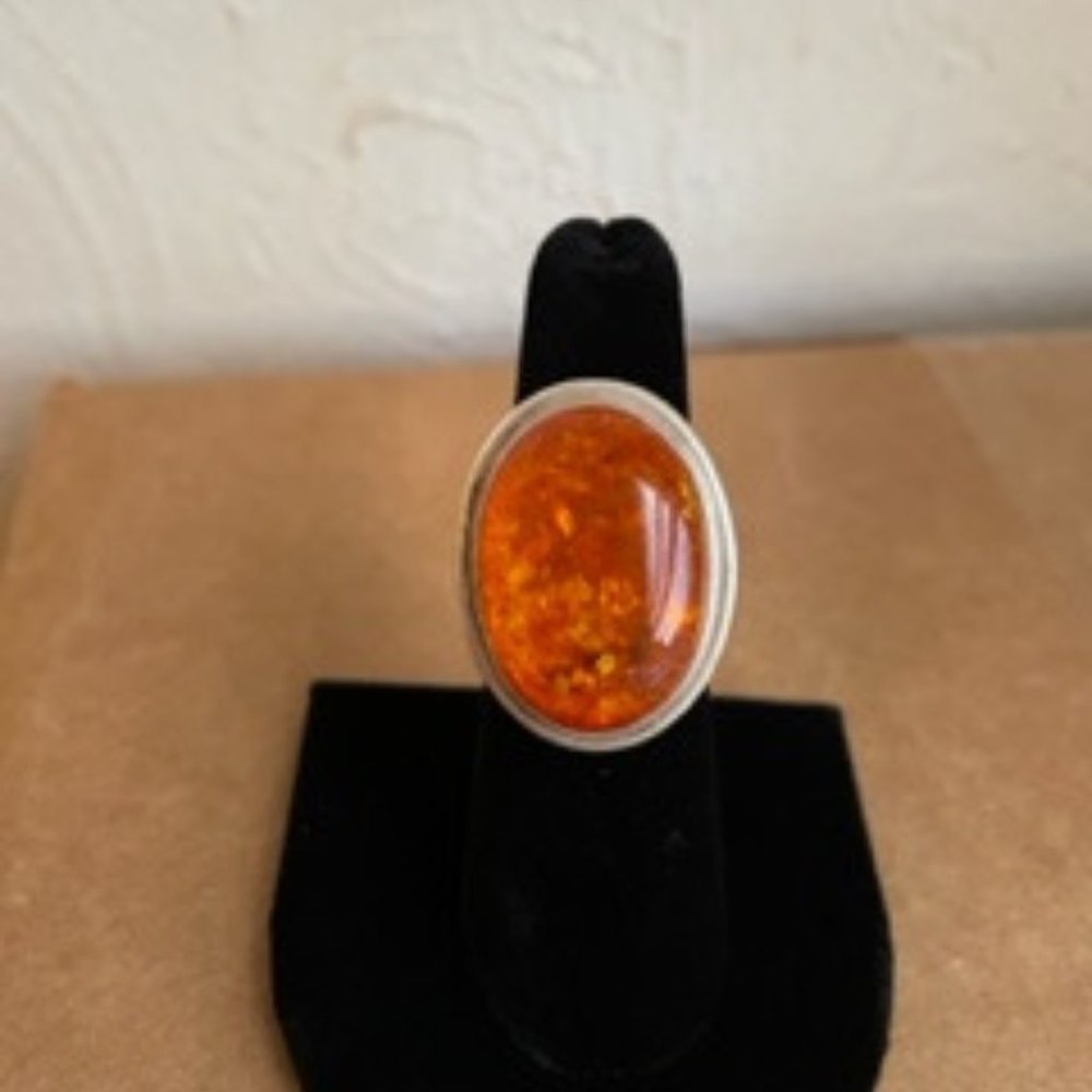 Cognac Amber Ring set in Sterling Silver, Oval Shape, Size 7